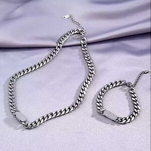 Stainless Steel Cuban Chain Link Necklace Bracelet Matching Set